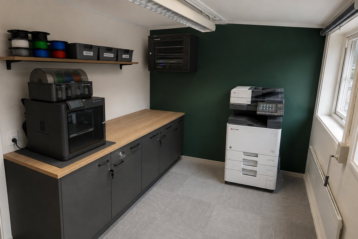 3D-printer fra Bambu Lab i det tekniske rommet