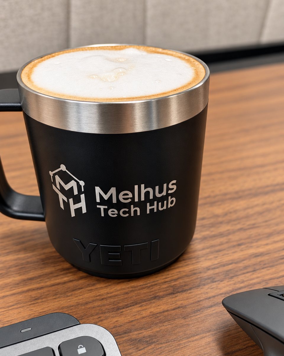 Cappuccino i en svart kopp med Melhus Tech Hub-logo, på en pult ved tastaturet