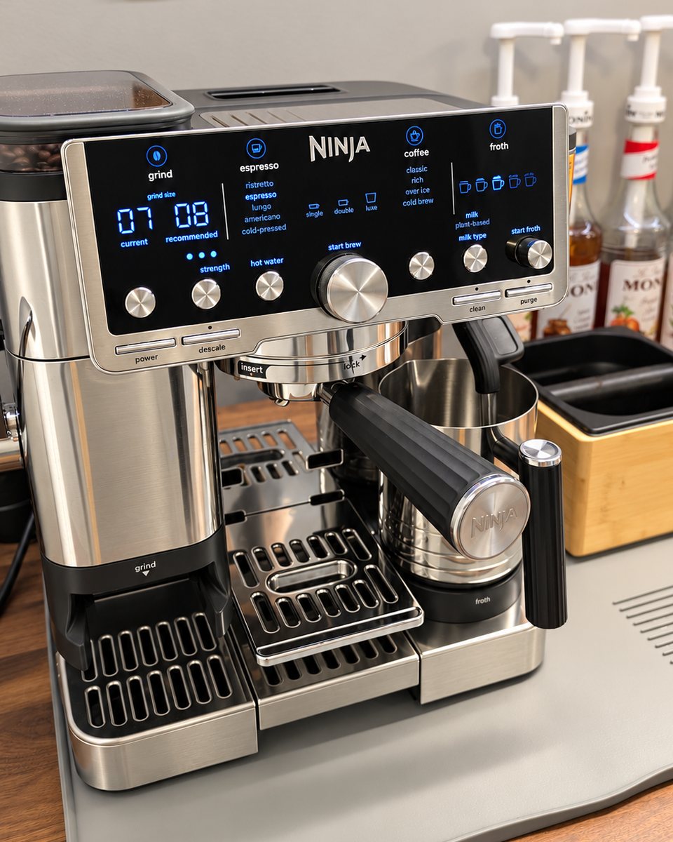 Espressomaskinen i kaffebaren, med kvern, melkeskummer og sirupflasker bak