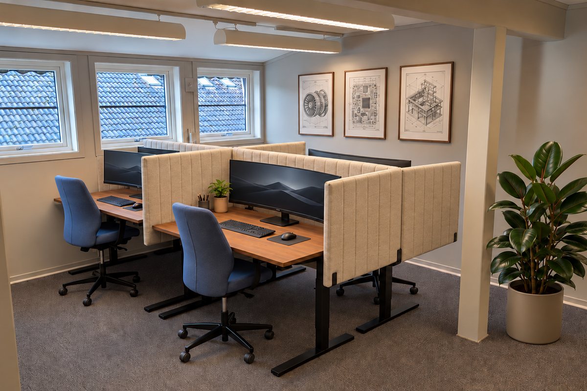 Kontorlandskapet med flere ledige arbeidsplasser, skjermer og støyskjermer