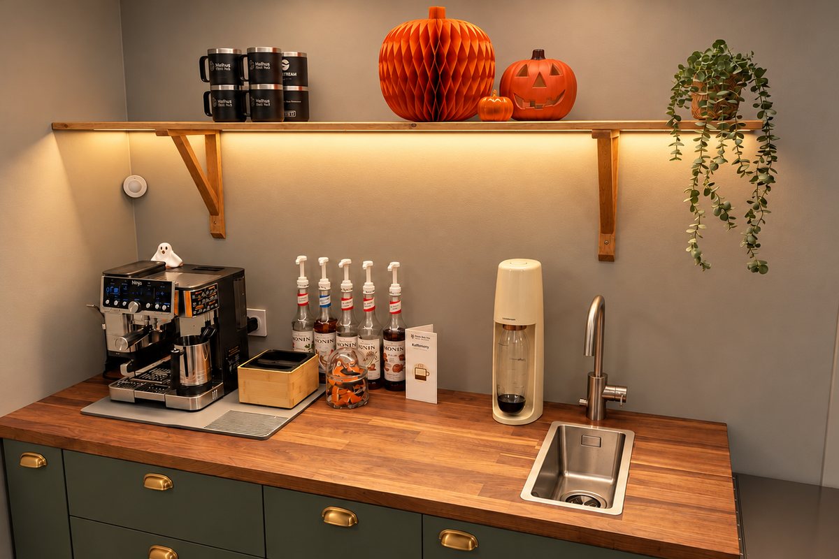 Kaffebar med espressomaskin, sirupflasker, kullsyret vann og vask